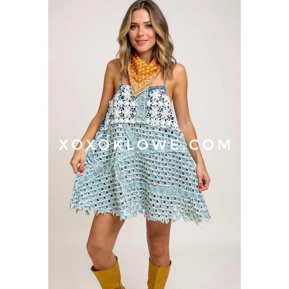 POL Convertible Denim Top Dress | Lace Overlay Boho Western